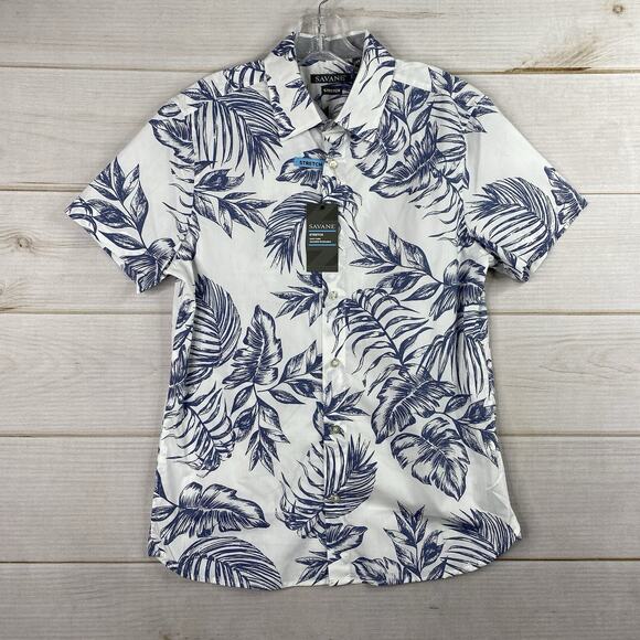 Savane Shirt Mens S White Floral Hawaiian Button Up Short Sleeve Stretch NWT - Picture 1 of 9